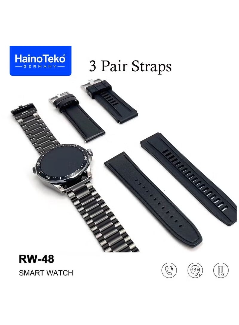 Haino Teko Germany RW48 Smart Watch With Round Shape AMOLED Display 3 Pair Strap and Wireless Charger For Men, Black