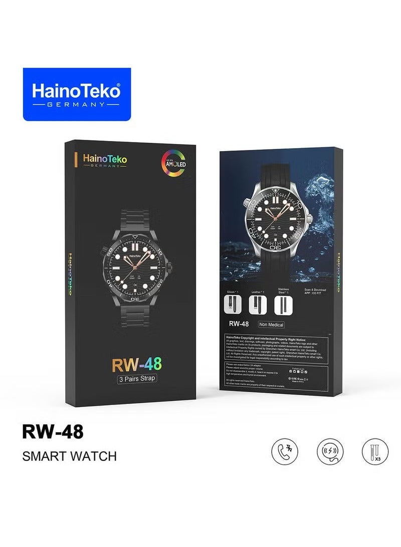 Haino Teko Germany RW48 Smart Watch With Round Shape AMOLED Display 3 Pair Strap and Wireless Charger For Men, Black