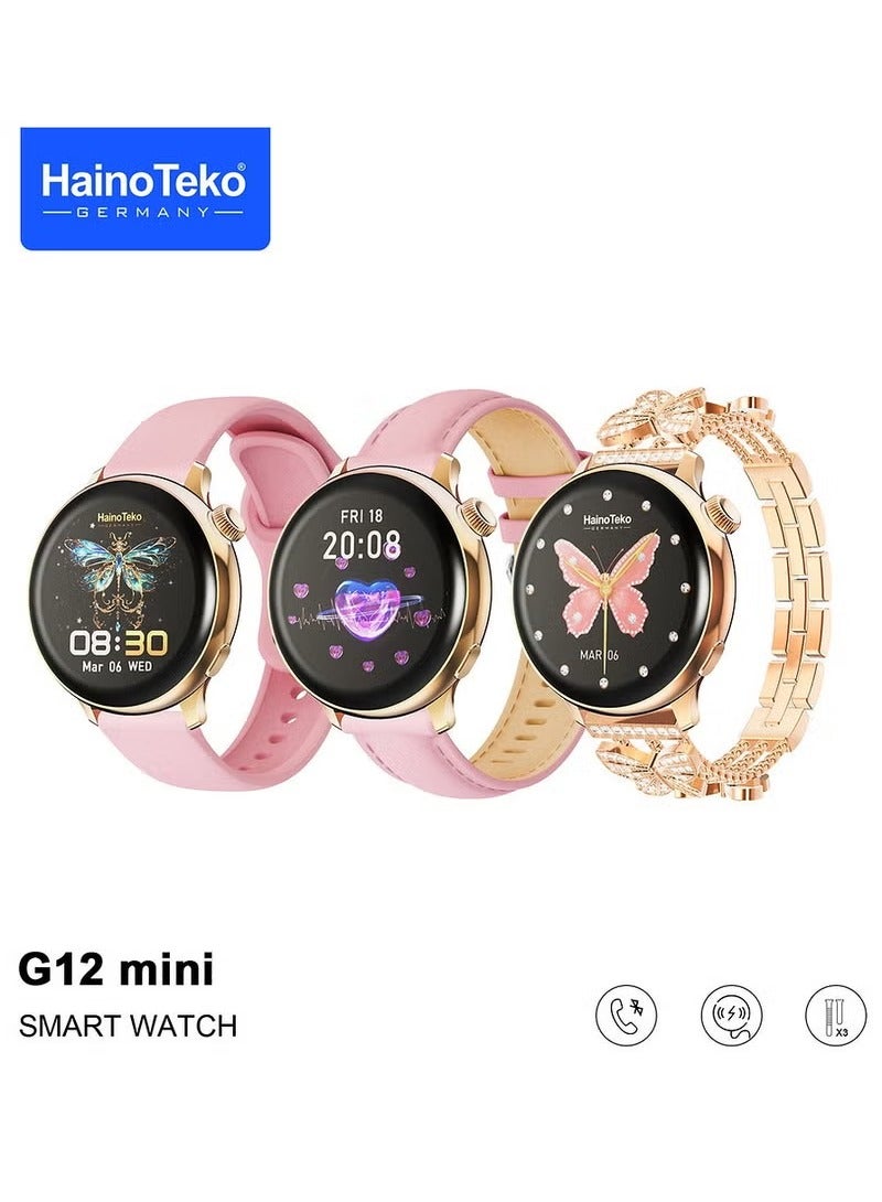 HainoTeko Germany G12 mini Smart Watch With Round Shape AMOLED Display 3 Pair Straps and Charging Cable Designed For Women Gold