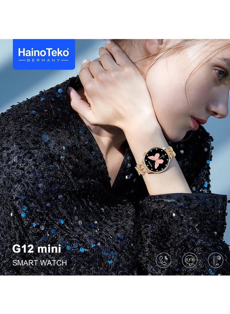 HainoTeko Germany G12 mini Smart Watch With Round Shape AMOLED Display 3 Pair Straps and Charging Cable Designed For Women Gold