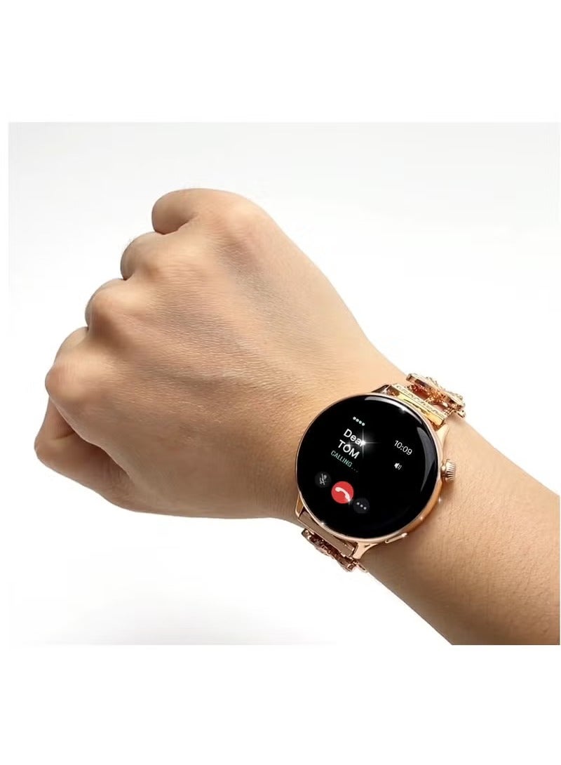 HainoTeko Germany G12 mini Smart Watch With Round Shape AMOLED Display 3 Pair Straps and Charging Cable Designed For Women Gold