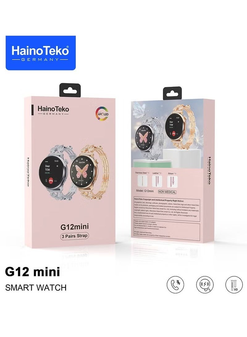 HainoTeko Germany G12 mini Smart Watch With Round Shape AMOLED Display 3 Pair Straps and Charging Cable Designed For Women Gold