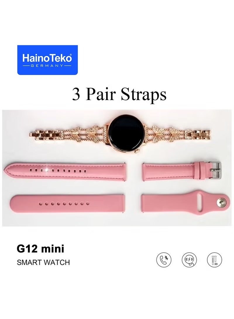 HainoTeko Germany G12 mini Smart Watch With Round Shape AMOLED Display 3 Pair Straps and Charging Cable Designed For Women Gold