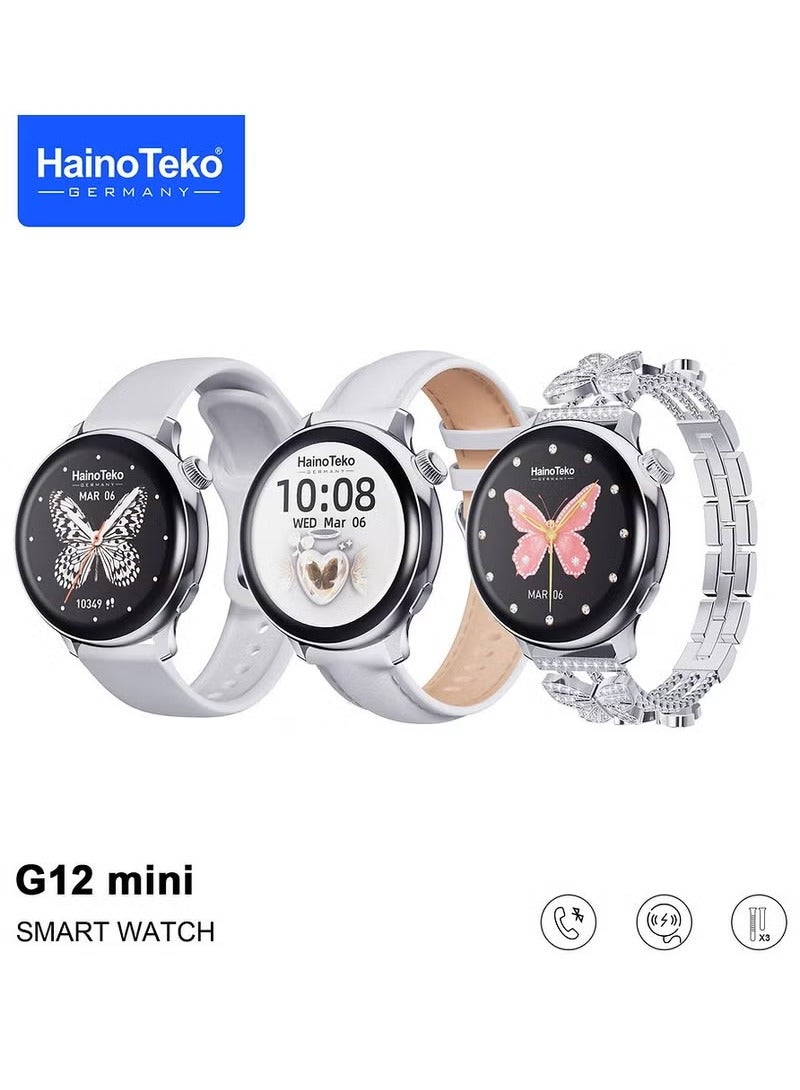 HainoTeko Germany G12 mini Smart Watch With Round Shape AMOLED Display 3 Pair Straps and Charging Cable Designed For Women Silver