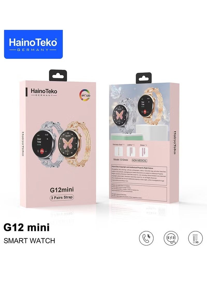 HainoTeko Germany G12 mini Smart Watch With Round Shape AMOLED Display 3 Pair Straps and Charging Cable Designed For Women Silver