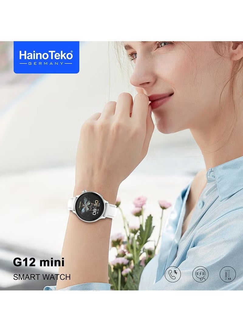 HainoTeko Germany G12 mini Smart Watch With Round Shape AMOLED Display 3 Pair Straps and Charging Cable Designed For Women Silver