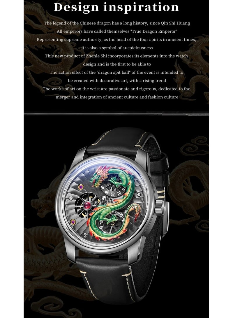 Men's Automatic Wristwatch with Dragon Design Double Wheels Luminous and Waterproof Stainless Steel