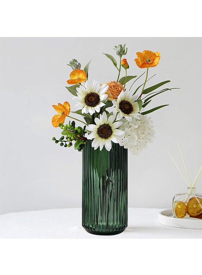 Flower Vase 20cm Green Thickened Hand Blow Glass Vase Round Vintage Striped Bottles for Bookshelf,Dinner Table,Indoor Office Desktop,Meeting Room,Bathroom,Countertop,Home
