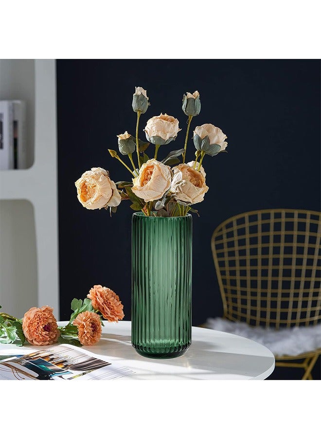 Flower Vase 20cm Green Thickened Hand Blow Glass Vase Round Vintage Striped Bottles for Bookshelf,Dinner Table,Indoor Office Desktop,Meeting Room,Bathroom,Countertop,Home