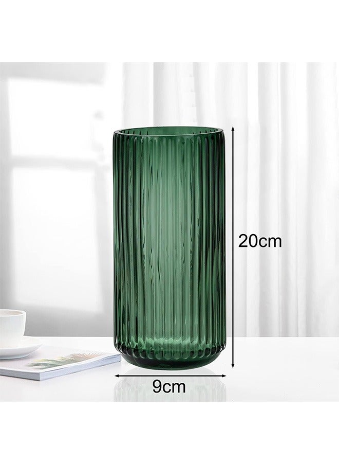 Flower Vase 20cm Green Thickened Hand Blow Glass Vase Round Vintage Striped Bottles for Bookshelf,Dinner Table,Indoor Office Desktop,Meeting Room,Bathroom,Countertop,Home