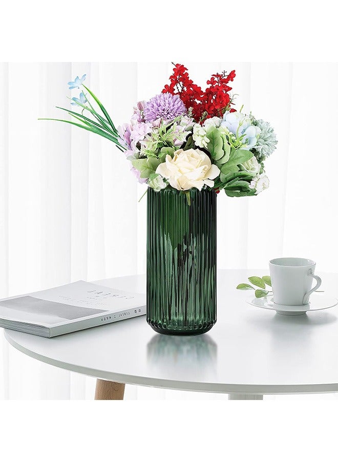 Flower Vase 20cm Green Thickened Hand Blow Glass Vase Round Vintage Striped Bottles for Bookshelf,Dinner Table,Indoor Office Desktop,Meeting Room,Bathroom,Countertop,Home