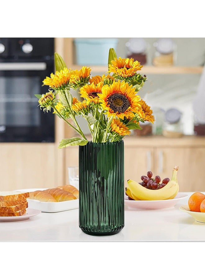 Flower Vase 20cm Green Thickened Hand Blow Glass Vase Round Vintage Striped Bottles for Bookshelf,Dinner Table,Indoor Office Desktop,Meeting Room,Bathroom,Countertop,Home