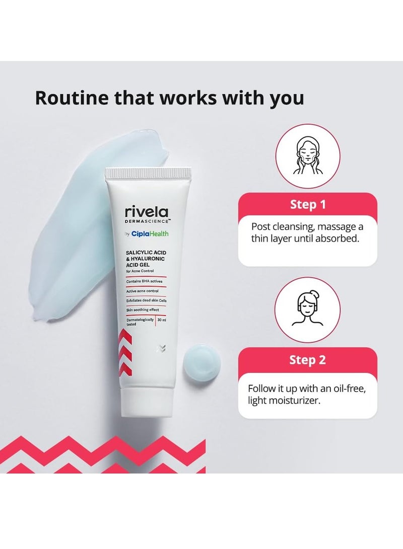 Rivela Dermascience Anti-Acne Gel By Cipla | For Active Acne, Oil Control, Smooth and Supple Skin | With Salicylic Acid & Hyaluronic Acid | 30 ml