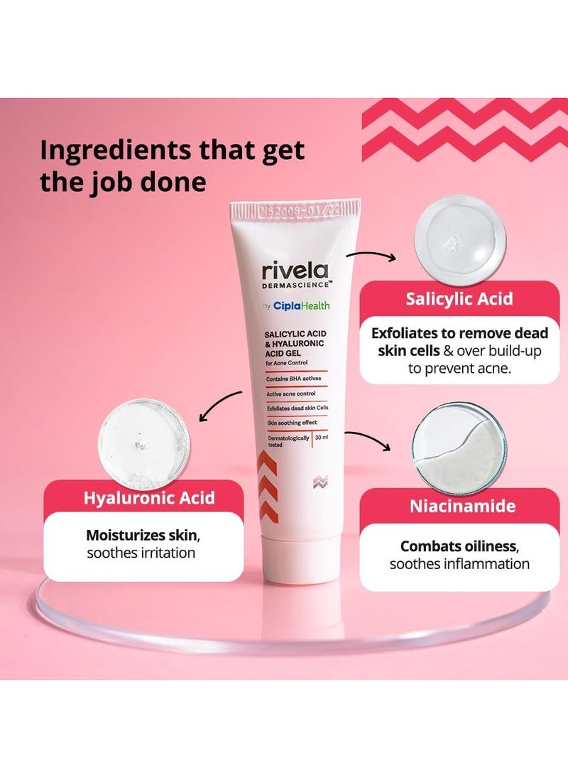 Rivela Dermascience Anti-Acne Gel By Cipla | For Active Acne, Oil Control, Smooth and Supple Skin | With Salicylic Acid & Hyaluronic Acid | 30 ml