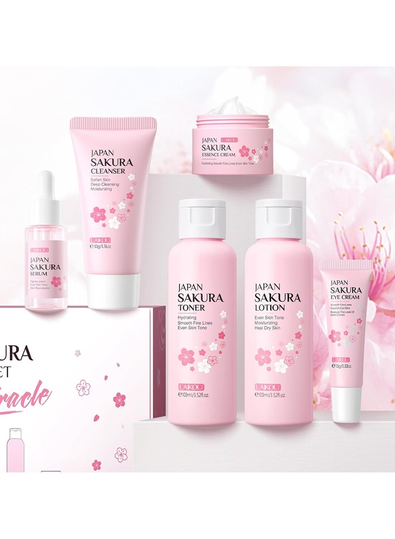 Skincare Set, JAPAN Sakura Skin Care Sets & Kits - Cleanser, Toner, Lotion, Serum, Eye Cream, Face Cream, Travel Gift Sets for Women Teenage Girls Mom Daughter, TSA-friendly Sizes 6pcs