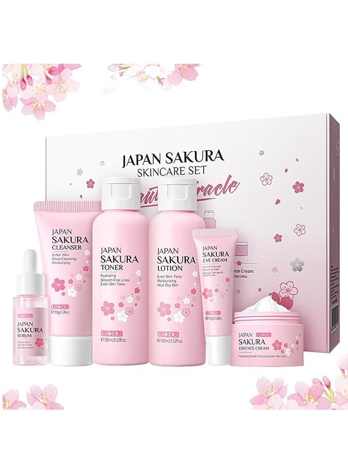 Skincare Set, JAPAN Sakura Skin Care Sets & Kits - Cleanser, Toner, Lotion, Serum, Eye Cream, Face Cream, Travel Gift Sets for Women Teenage Girls Mom Daughter, TSA-friendly Sizes 6pcs