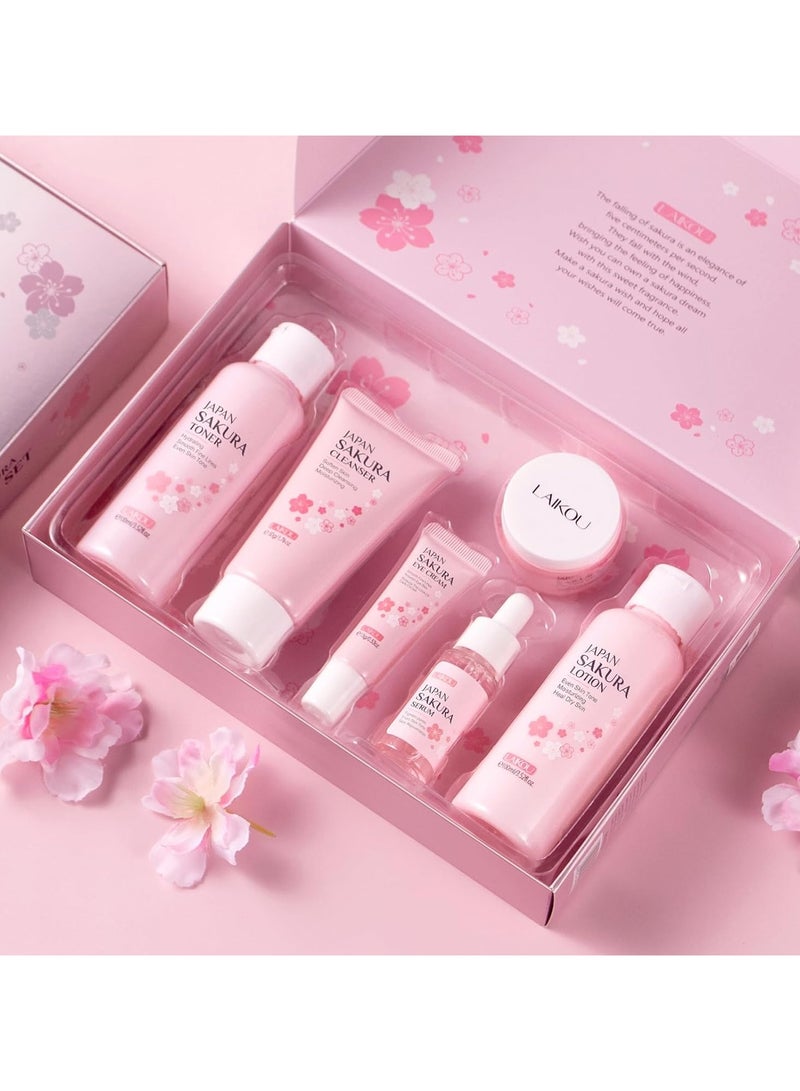 Skincare Set, JAPAN Sakura Skin Care Sets & Kits - Cleanser, Toner, Lotion, Serum, Eye Cream, Face Cream, Travel Gift Sets for Women Teenage Girls Mom Daughter, TSA-friendly Sizes 6pcs