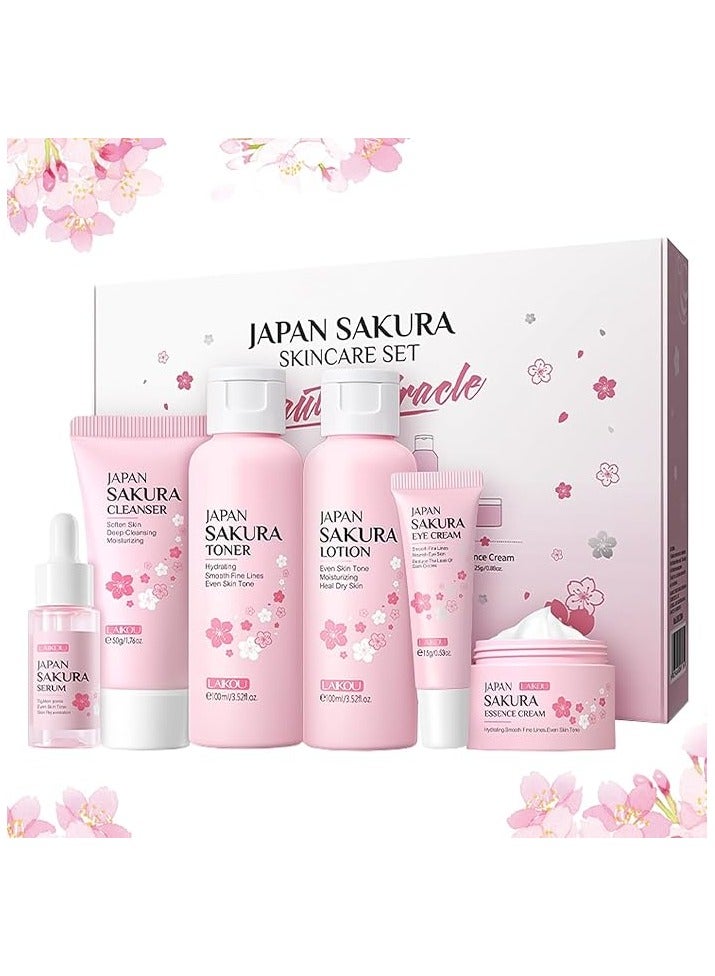 Skincare Set, JAPAN Sakura Skin Care Sets & Kits - Cleanser, Toner, Lotion, Serum, Eye Cream, Face Cream, Travel Gift Sets for Women Teenage Girls Mom Daughter, TSA-friendly Sizes 6pcs