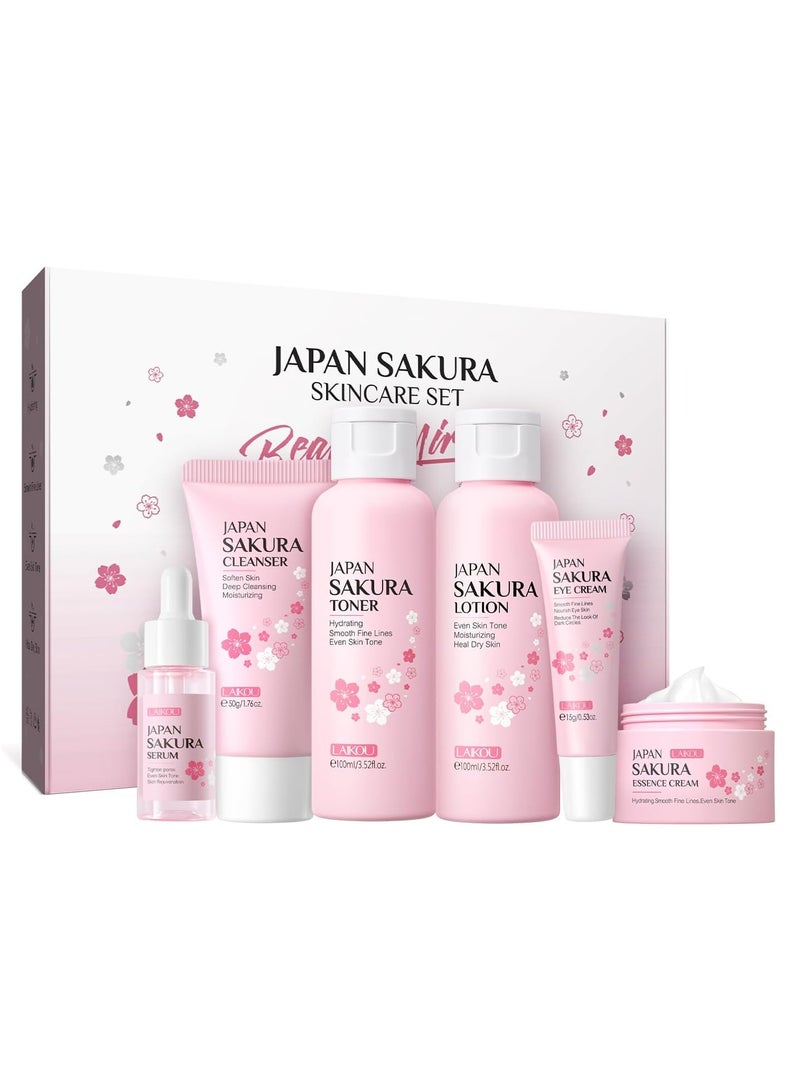 6Pcs Set Sakura Cherry Blossom Day & Night Moisturizing Gift Set - Formaldehyde-Free, Deep Cleansing, Nourishing Skin Care for Dry & Combination Skin