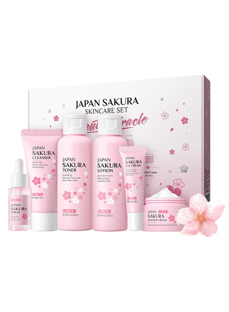 6Pcs Set Sakura Cherry Blossom Day & Night Moisturizing Gift Set - Formaldehyde-Free, Deep Cleansing, Nourishing Skin Care for Dry & Combination Skin