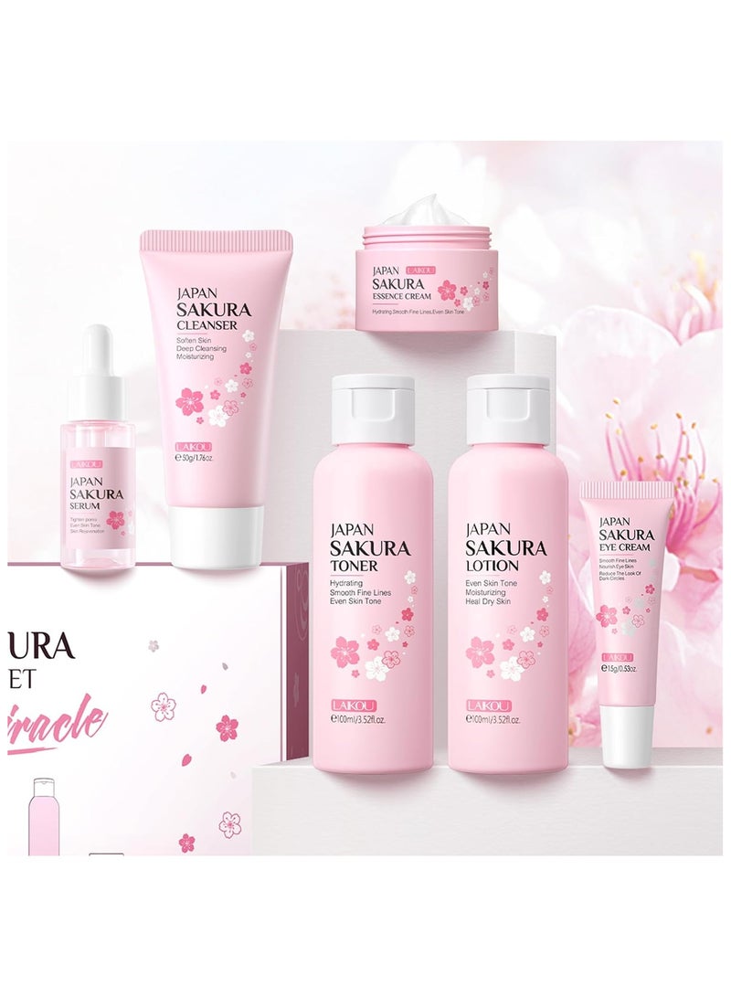 6Pcs Set Sakura Cherry Blossom Day & Night Moisturizing Gift Set - Formaldehyde-Free, Deep Cleansing, Nourishing Skin Care for Dry & Combination Skin