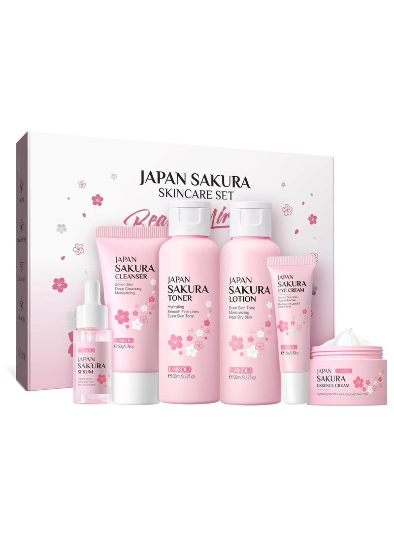 Skincare Set, JAPAN Sakura Skin Care Sets & Kits 6pcs Hydrating Facial Care Gift Set - Moisturizes & Smooths Skin, Reduces Wrinkles, Boosts Elasticity - Hypoallergenic, For All Skin Types - Includes Niacinamide & Glycerin