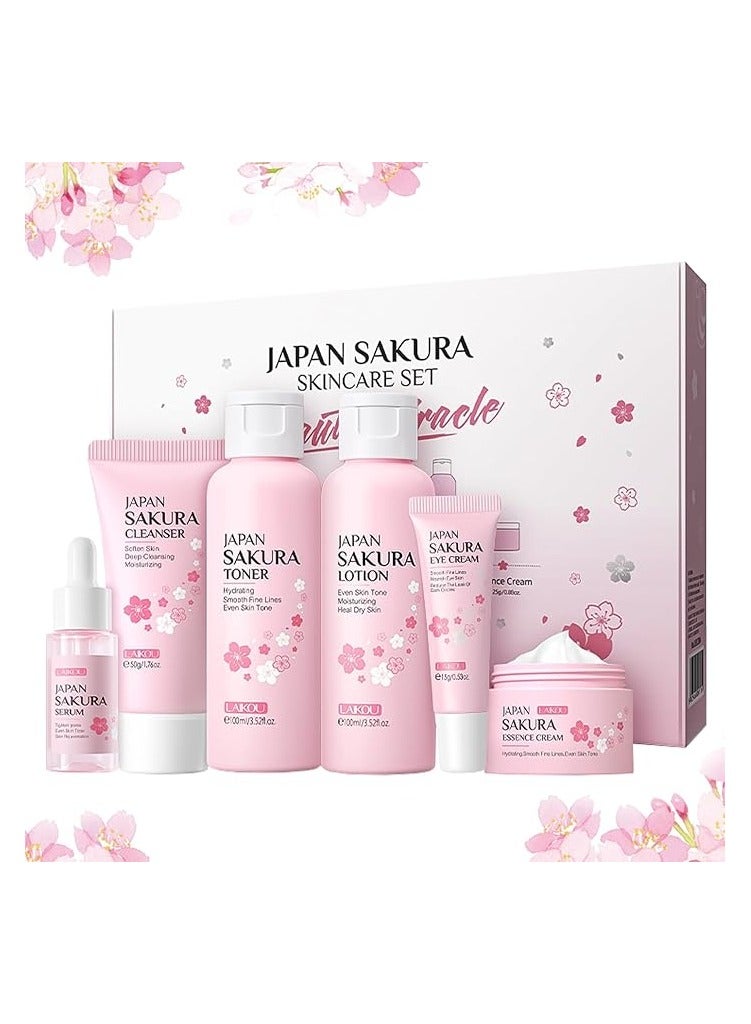 6-Piece Sakura Skin Care Gift Set: Oil Control Cleanser 50g, Serum 17ml, Face Cream 25g, Even Skin Tone Serum 17ml, Moisturizing Toner Lotion 100ml for Glowing Skin