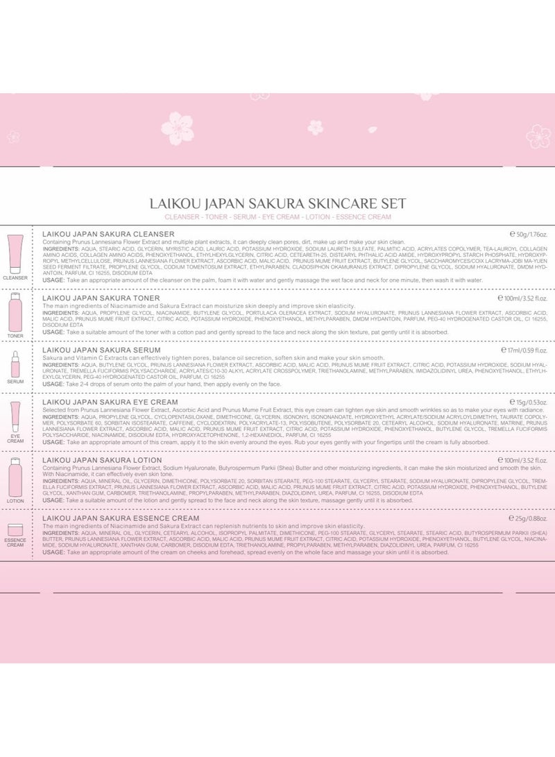 Skin Care Set JAPAN-SAKURA Women Beauty Gift Sets Skin Care Kit,SPF 50 Sunscreen, Cleanser, Toner, Serum, Eye Cream, Face Cream, Skin Care Products for Daily Beauty Care 6pcs