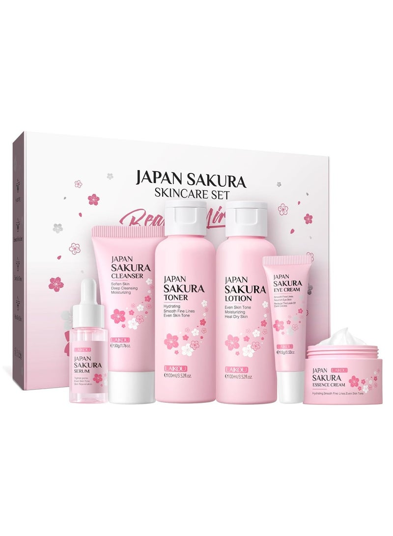 Skin Care Set JAPAN-SAKURA Women Beauty Gift Sets Skin Care Kit,SPF 50 Sunscreen, Cleanser, Toner, Serum, Eye Cream, Face Cream, Skin Care Products for Daily Beauty Care 6pcs