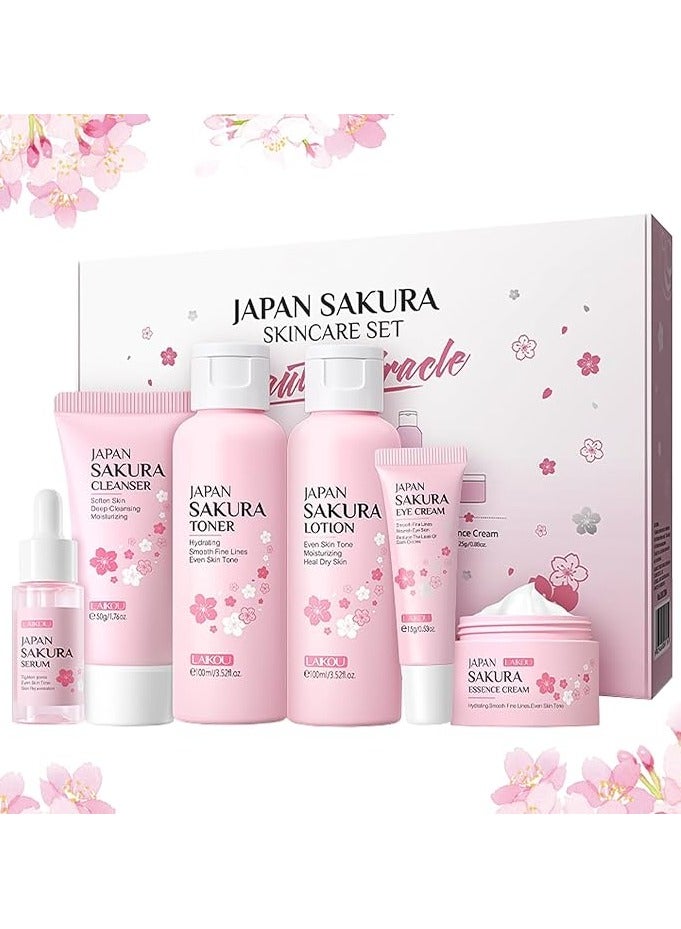 6-Piece Sakura Skin Care Gift Set: Oil Control Cleanser 50g, Serum 17ml, Face Cream 25g, Even Skin Tone Serum 17ml, Moisturizing Toner Lotion 100ml for Glowing Skin