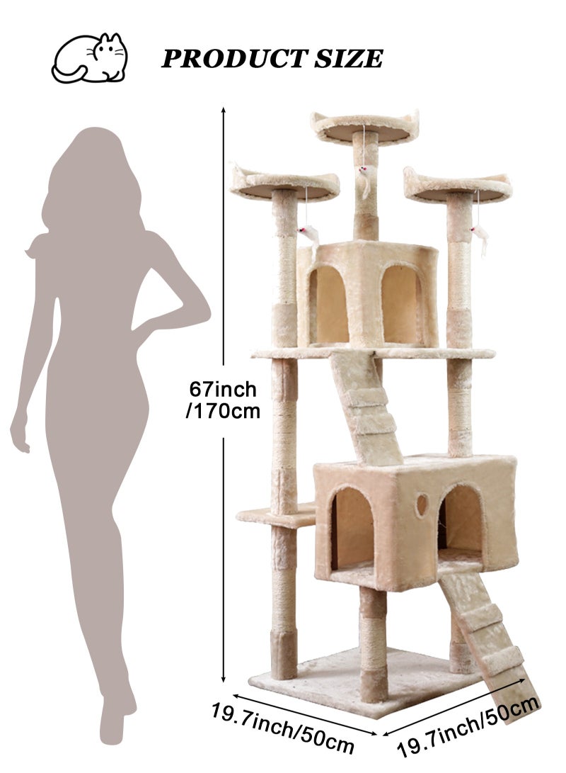 Cat Tree Tower，Cat Condo with Sisal Scratching Post,Activity Centre Cat Climbing Tree with Cat House，Sisal Posts, Ladder, and Rest Place for Indoor Cat（170×50×50cm）