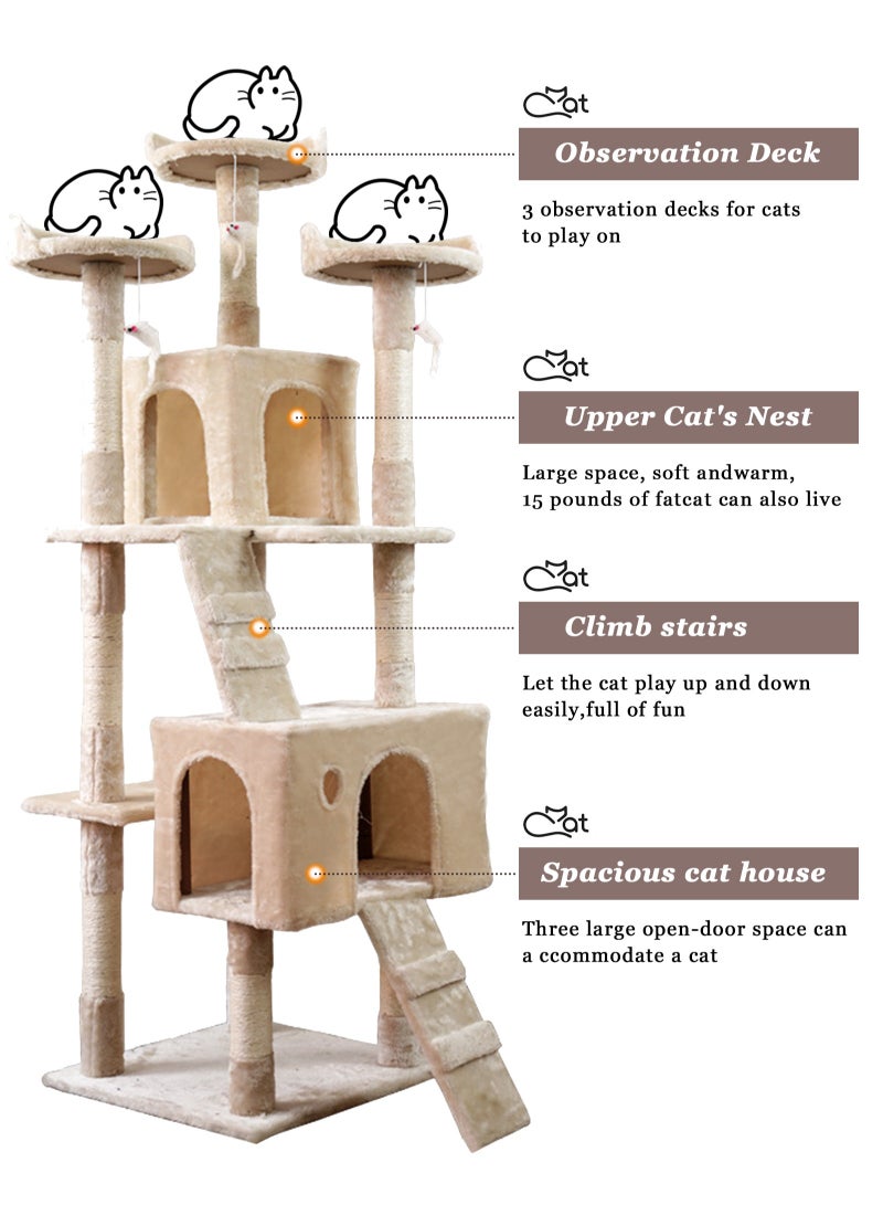 Cat Tree Tower，Cat Condo with Sisal Scratching Post,Activity Centre Cat Climbing Tree with Cat House，Sisal Posts, Ladder, and Rest Place for Indoor Cat（170×50×50cm）