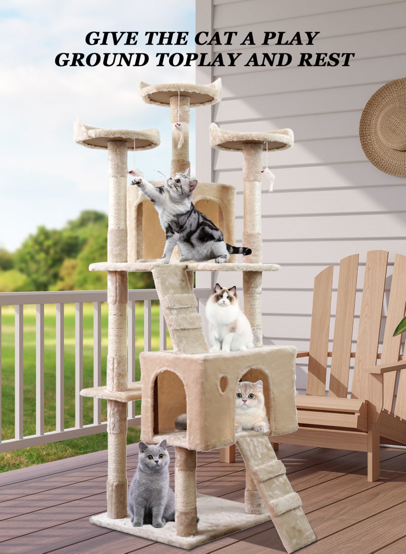 Cat Tree Tower，Cat Condo with Sisal Scratching Post,Activity Centre Cat Climbing Tree with Cat House，Sisal Posts, Ladder, and Rest Place for Indoor Cat（170×50×50cm）