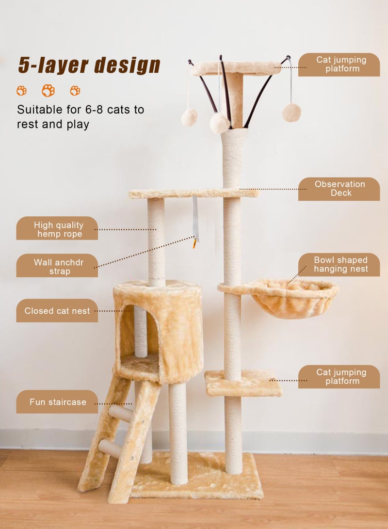 Multi-Level Cat Tree Tower - Large Cat Condo with Space Capsule Nest, Sisal Covered Scratching Post, and Ladder for Indoor Cats (White/Black)