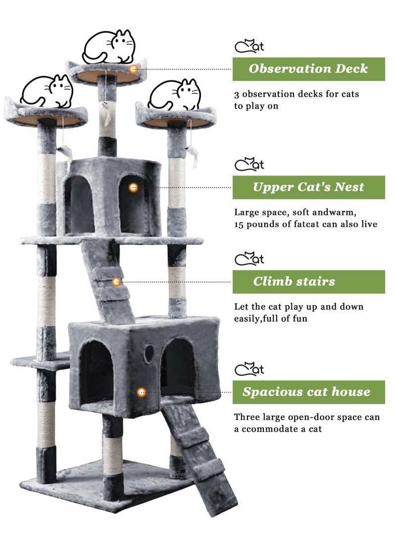 Cat Tree Tower，Cat Condo with Sisal Scratching Post,Activity Centre Cat Climbing Tree with Cat House，Sisal Posts, Ladder, and Rest Place for Indoor Cat（170×50×50cm）