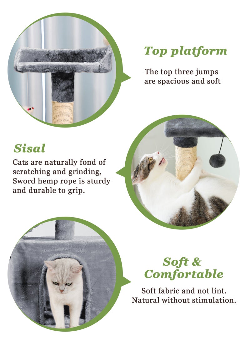 Cat Tree Tower，Cat Condo with Sisal Scratching Post,Activity Centre Cat Climbing Tree with Cat House，Sisal Posts, Ladder, and Rest Place for Indoor Cat（170×50×50cm）