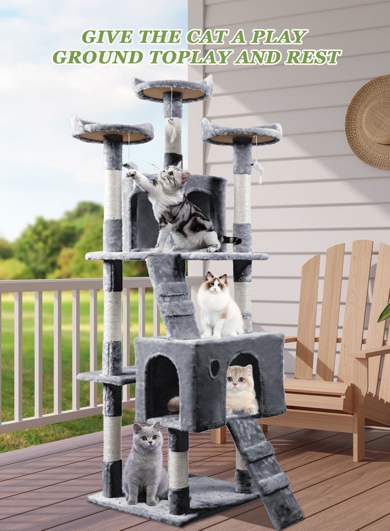 Cat Tree Tower，Cat Condo with Sisal Scratching Post,Activity Centre Cat Climbing Tree with Cat House，Sisal Posts, Ladder, and Rest Place for Indoor Cat（170×50×50cm）