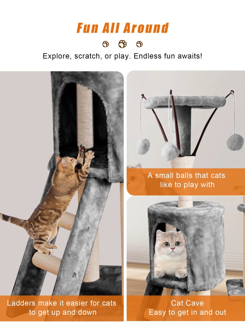 Multi-Level Cat Tree, 145cm Cat Scratch Posts Multi-Level Stable Cat Climbing Tower Cat Activity Trees with Ladder, Indoor Pet Activity Furniture Play House for Kitty Kitten