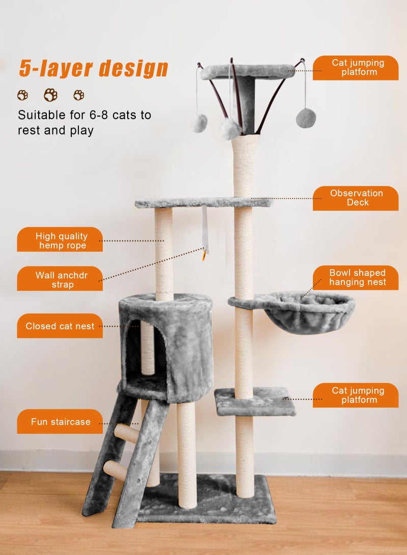 Multi-Level Cat Tree, 145cm Cat Scratch Posts Multi-Level Stable Cat Climbing Tower Cat Activity Trees with Ladder, Indoor Pet Activity Furniture Play House for Kitty Kitten