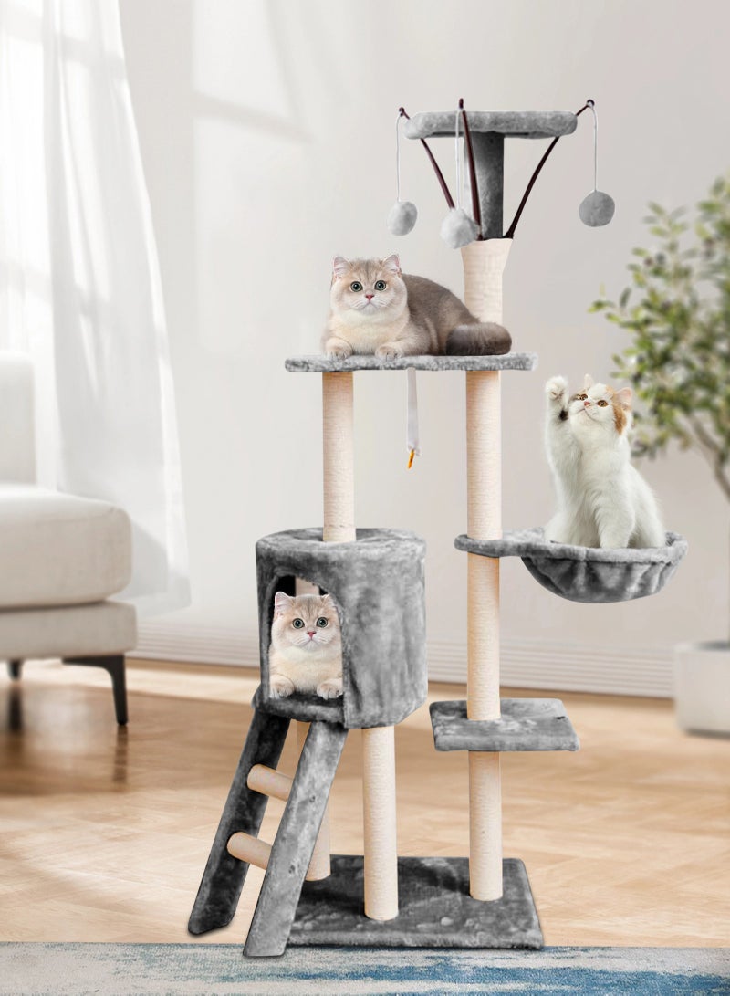 Multi-Level Cat Tree, 145cm Cat Scratch Posts Multi-Level Stable Cat Climbing Tower Cat Activity Trees with Ladder, Indoor Pet Activity Furniture Play House for Kitty Kitten