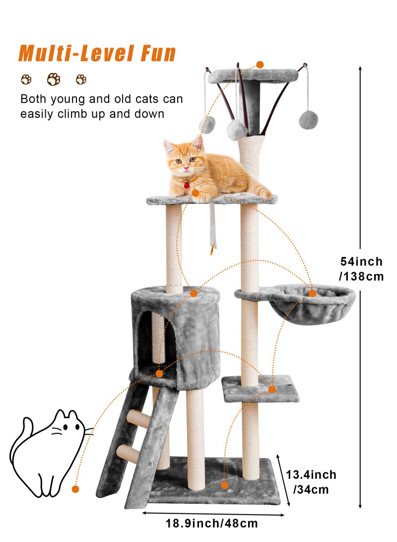 Multi-Level Cat Tree, 145cm Cat Scratch Posts Multi-Level Stable Cat Climbing Tower Cat Activity Trees with Ladder, Indoor Pet Activity Furniture Play House for Kitty Kitten