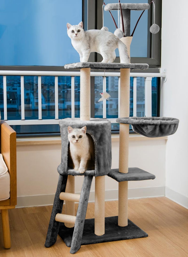 Multi-Level Cat Tree, 145cm Cat Scratch Posts Multi-Level Stable Cat Climbing Tower Cat Activity Trees with Ladder, Indoor Pet Activity Furniture Play House for Kitty Kitten