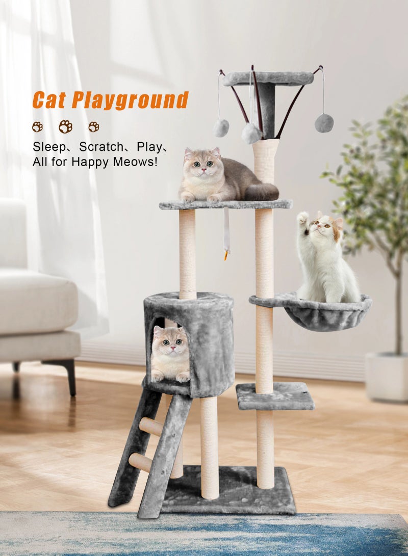 Multi-Level Cat Tree, 145cm Cat Scratch Posts Multi-Level Stable Cat Climbing Tower Cat Activity Trees with Ladder, Indoor Pet Activity Furniture Play House for Kitty Kitten