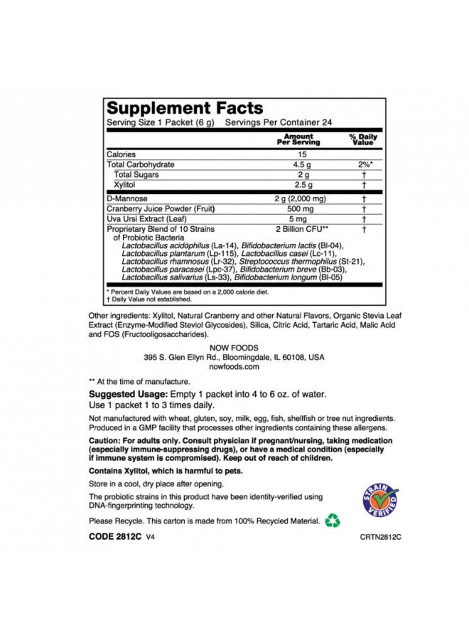 NOW Supplements, Cranberry Mannose + Probiotics with a blend of 10 Probiotic Bacterial Strains, 24/Box