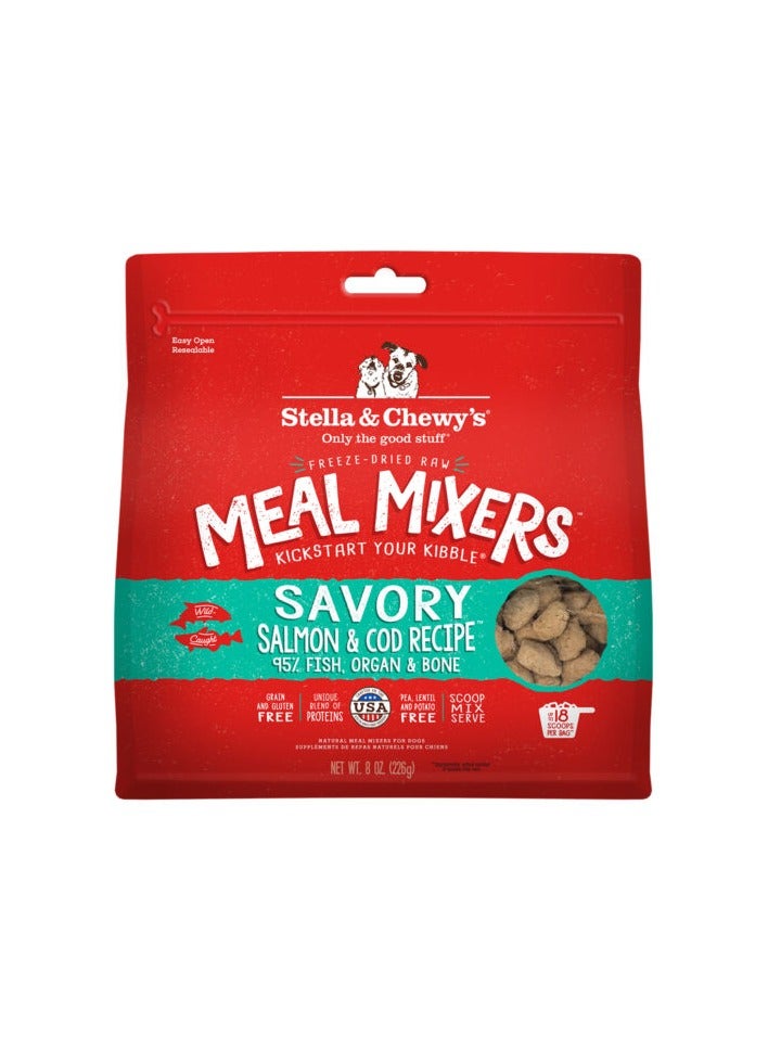 Stella & Chewys Dog Freeze Dried Savory Salmon & Cod Meal Mixers – 8 oz, Stella meal mixers, Stella & Chewys meal mixers, Stellas freeze dried food, freeze-dried dog food, best dog food, nutrious dog food, meal mixers, raw kibble mixers; kibble toppers, kibble toppers for dogs