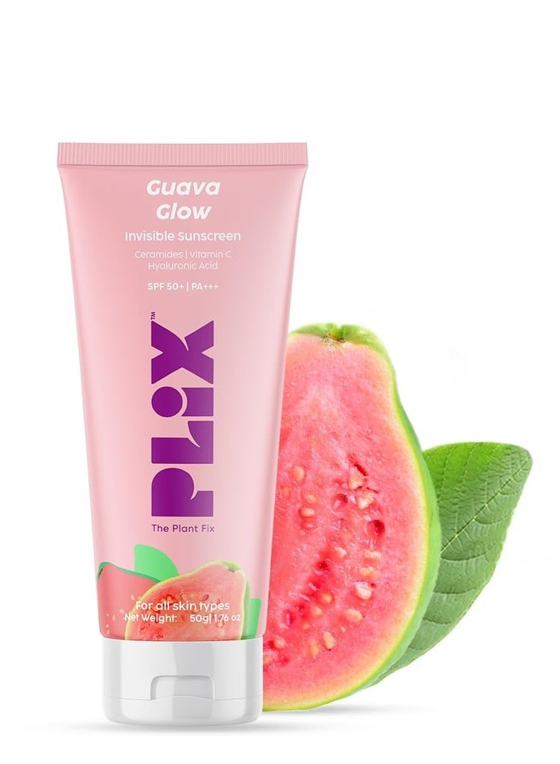 PLIX - THE PLANT FIX Spf 50+ Guava Glow Invisible Sunscreen For All Skin Type With Pa +++|For Uv A,Uv B&Blue Light Protection With Ceramides,Vitamin C&Hyaluronic Acid|No White Cast,Cruelty-Free|50 G