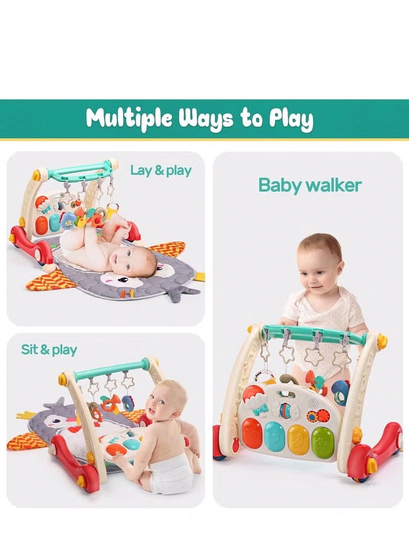 Baby Gym Play Mat & Baby Learning Walker, Baby Activity Mat with Play Piano, Musical Activity Center with Lights, Baby Push Walkers & Tummy Time Mat for Infant Newborn Toddlers