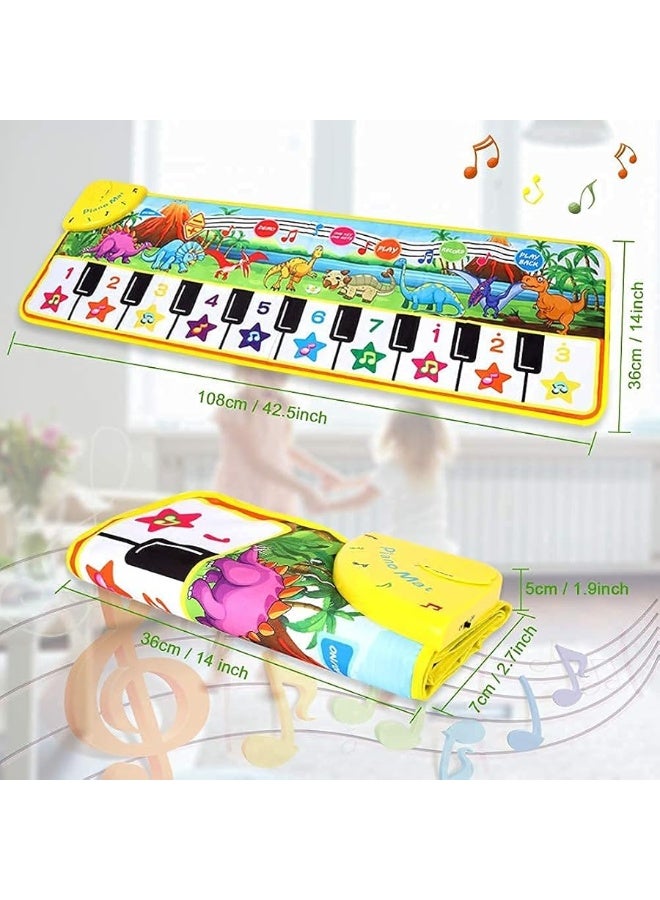 M SANMERSEN Piano Mat for Kids, 43â€ x 14â€ Floor Piano Keyboard Mat Carpet Touch Playmat with 10 Demo Songs/ 8 Dinosaur Sounds, Musical Mat Toys Gift for 1 2 3 4 5 Years Old Baby Boys Girls