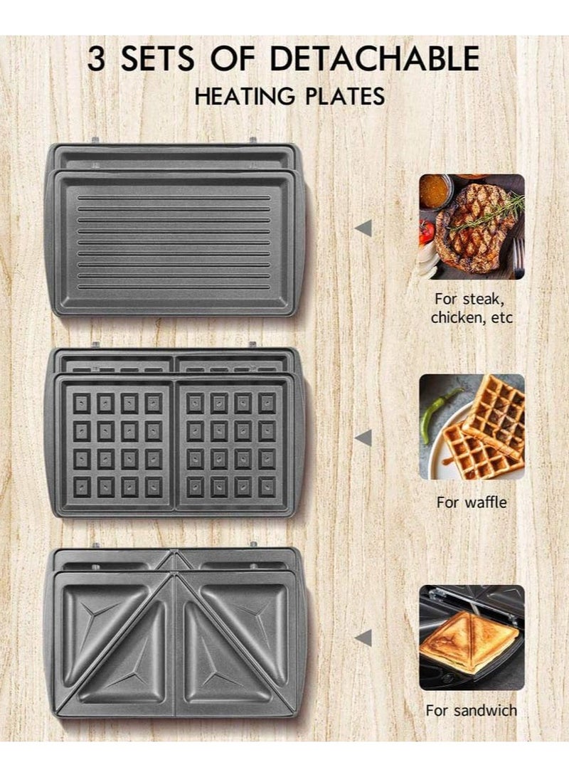 3-In-1 Snack Maker: Sandwich Toaster, Waffle Maker, Panini Press Grill with Extra Large Deep Fill Plates, Non-Stick, 900W, Auto Temperature Control