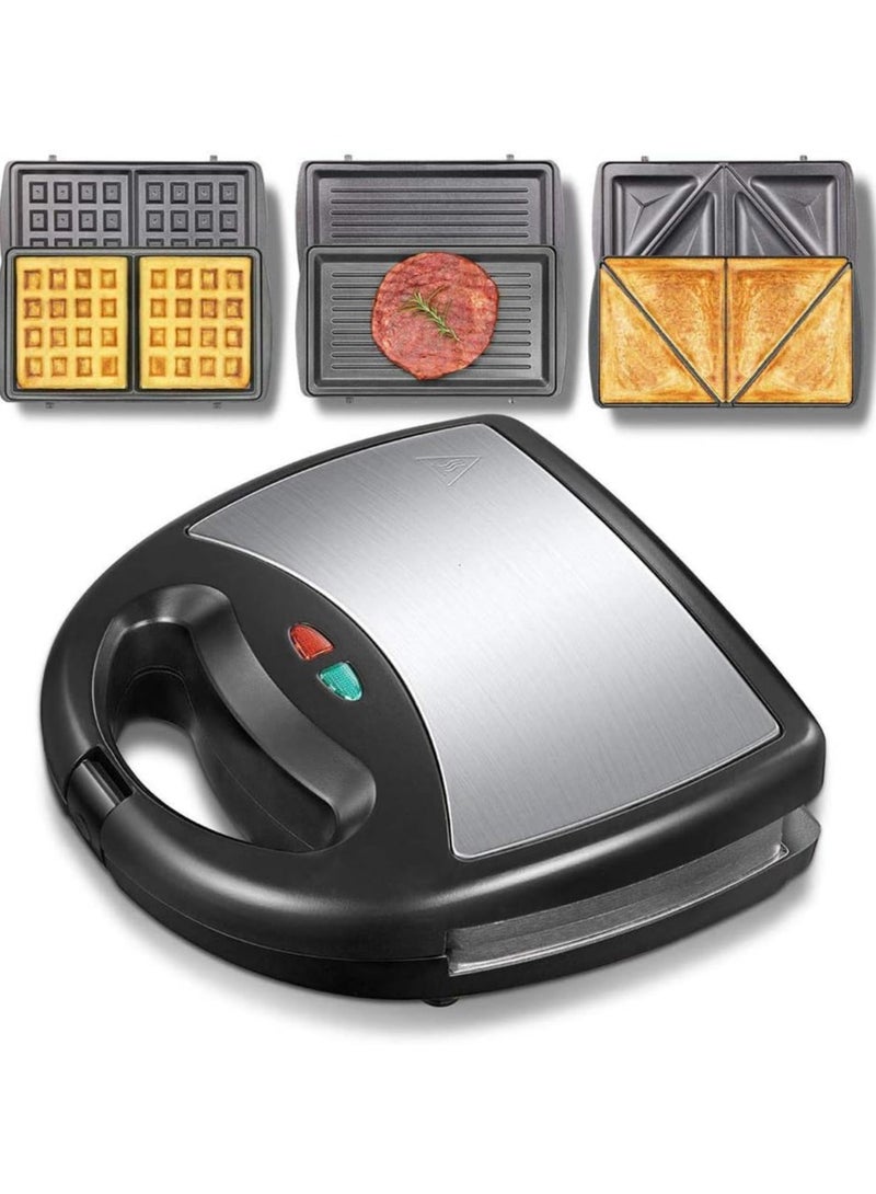 3-In-1 Snack Maker: Sandwich Toaster, Waffle Maker, Panini Press Grill with Extra Large Deep Fill Plates, Non-Stick, 900W, Auto Temperature Control